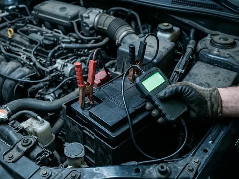 Bateria de carro a ser testada com um testador digital debaixo do capô
