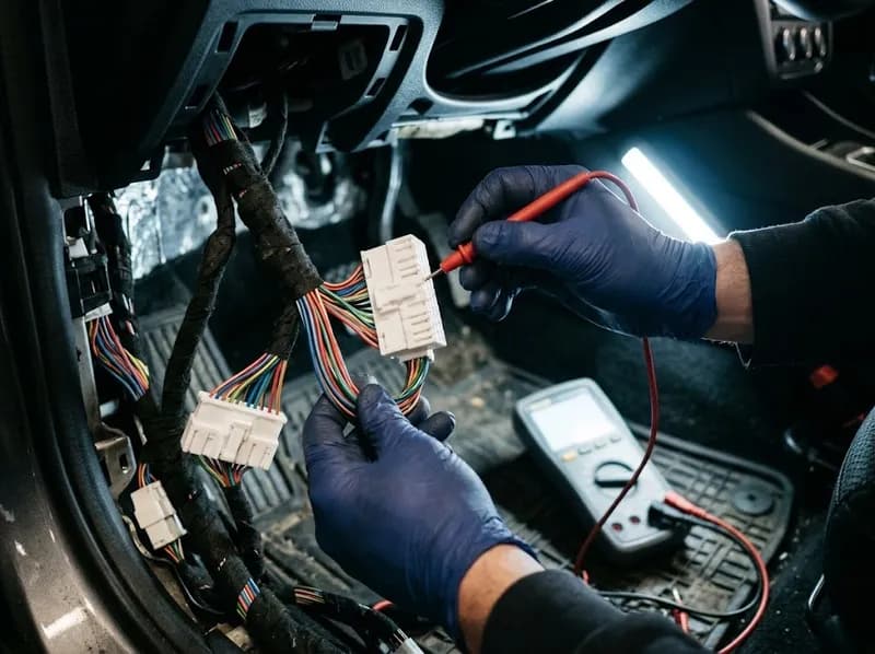 Mãos de um técnico a testar uma cablagem de carro com uma ponta de prova