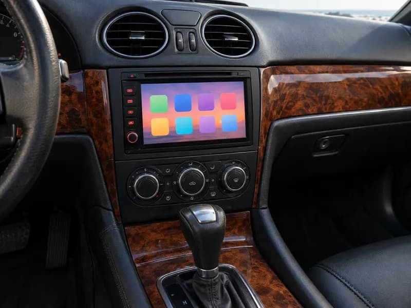 Rádio tátil de duplo DIN montado com acabamento limpo na consola central de um carro